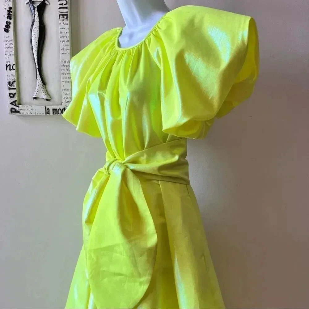 NEW Christopher John Rogers Target Neon Yellow Iridescent Belted Midi Dress XXS - Picture 5 of 15